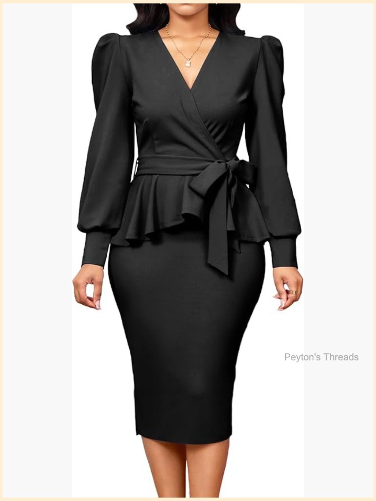 95% Polyester 5% Spandex Peplum Wrap V-Neck Puff Sleeve Midi Dress Church Work